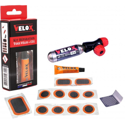NECESSAIRE REP/RUSTINE VELOX ROUTE/VTT 11 PIECES + DISSOLUTION + 1 RAPE + CO2 REGULATEUR P