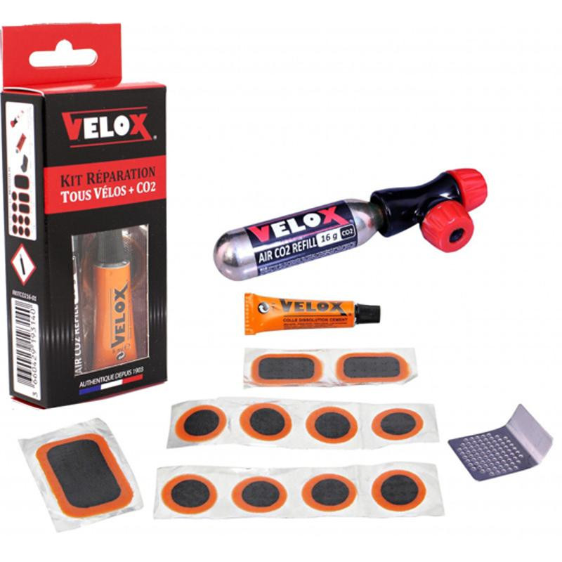 NECESSAIRE REP/RUSTINE VELOX ROUTE/VTT 11 PIECES + DISSOLUTION + 1 RAPE + CO2 REGULATEUR P
