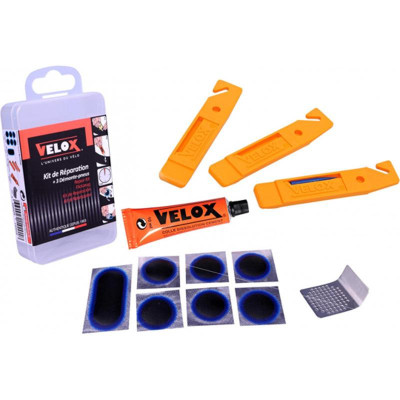 NECESSAIRE REP/RUSTINE VELOX TREKKING/VTT 7 PIECES RENFORCEES + DISSOLUTION + 1 RAPE + DEM